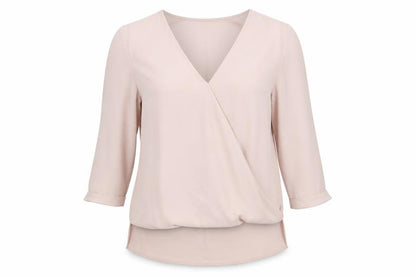 Front view of New L>ook women’s pink polyester basic blouse, size UK 10, v-neck
