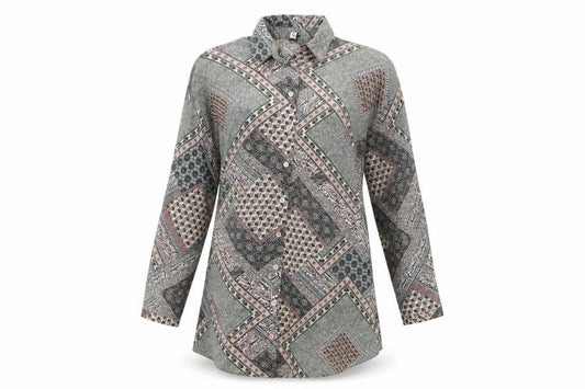 Front view of Influence women’s multicoloured paisley polyester tunic button-up, size UK 8, collared