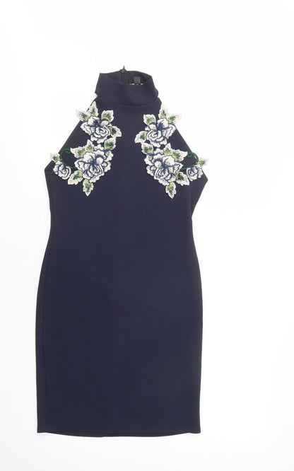 Missguided Womens Blue  Polyester Bodycon  Size 10  High Neck Zip - Lace Detail