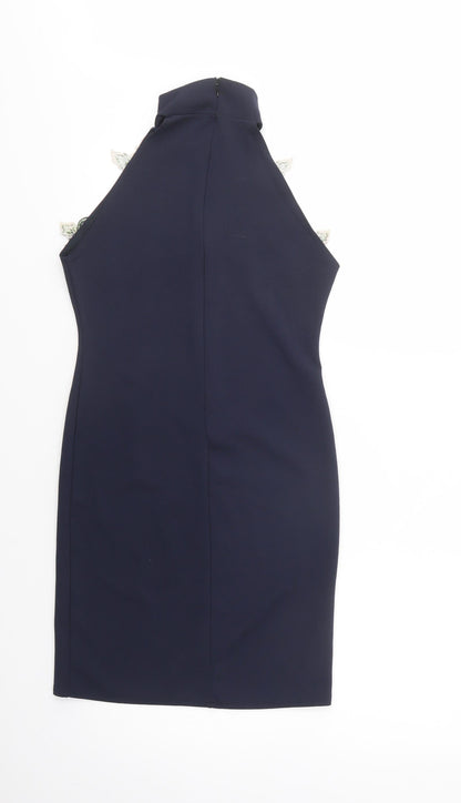 Missguided Womens Blue  Polyester Bodycon  Size 10  High Neck Zip - Lace Detail