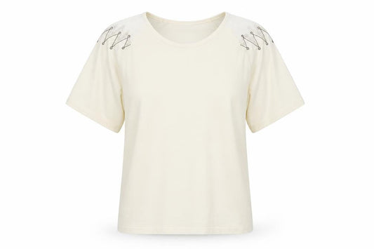 Front view of Paramour women’s ivory polyester basic blouse, size M, crew neck