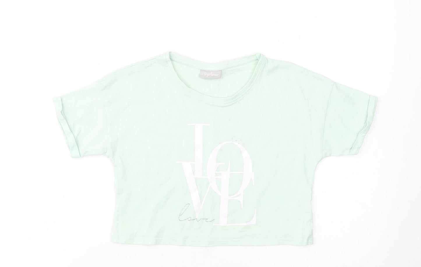 Matalan Girls Green  Cotton Cropped T-Shirt Size 11 Years Crew Neck Pullover - Love