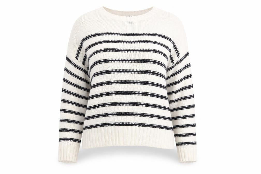 Front view of New Look women’s white crew neck striped acrylic jumper, size S