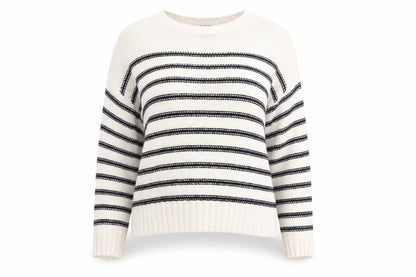 Front view of New Look women’s white crew neck striped acrylic jumper, size S