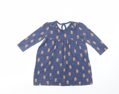 George Baby Blue Geometric Cotton A-Line  Size 12-18 Months  Crew Neck Button - Teddy Bear Print