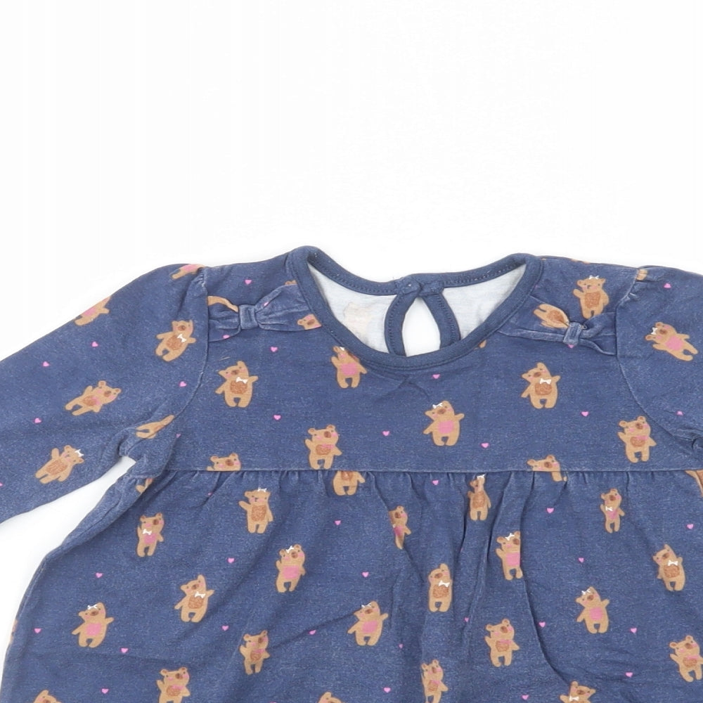 George Baby Blue Geometric Cotton A-Line  Size 12-18 Months  Crew Neck Button - Teddy Bear Print