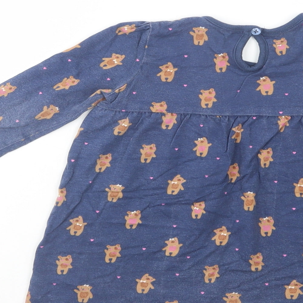 George Baby Blue Geometric Cotton A-Line  Size 12-18 Months  Crew Neck Button - Teddy Bear Print