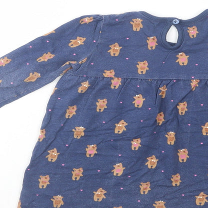 George Baby Blue Geometric Cotton A-Line  Size 12-18 Months  Crew Neck Button - Teddy Bear Print