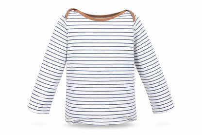 Front view of H&M Baby White Striped Cotton Basic T-Shirt, size 6-9, Months Boat Neck Pullover