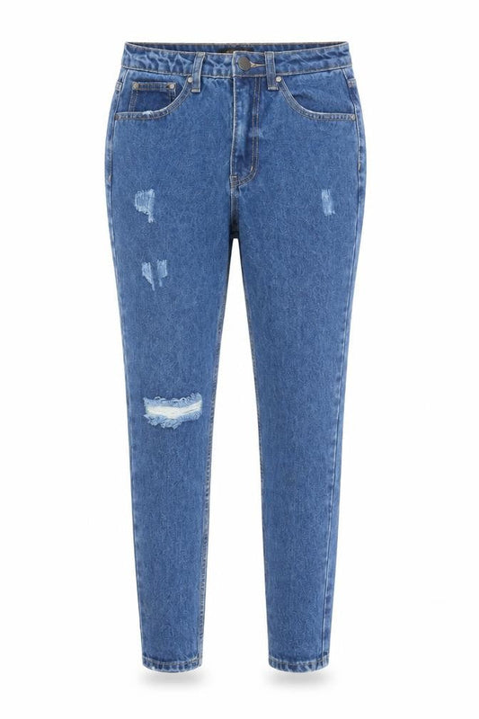 Front view of Misspap women’s blue cotton skinny jeans, size UK 8, 31-inch leg regular button