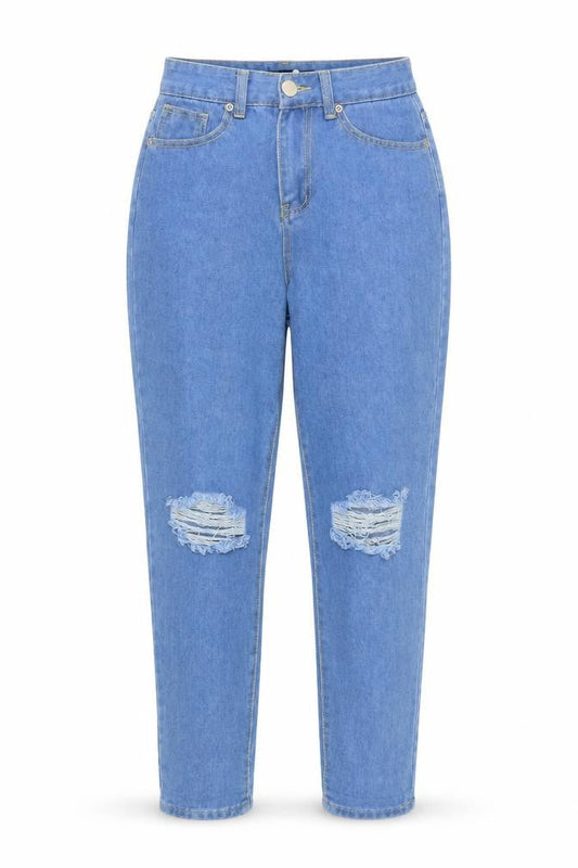 Front view of Boohoo women’s blue cotton mom jeans, size UK 6, 30-inch leg regular button