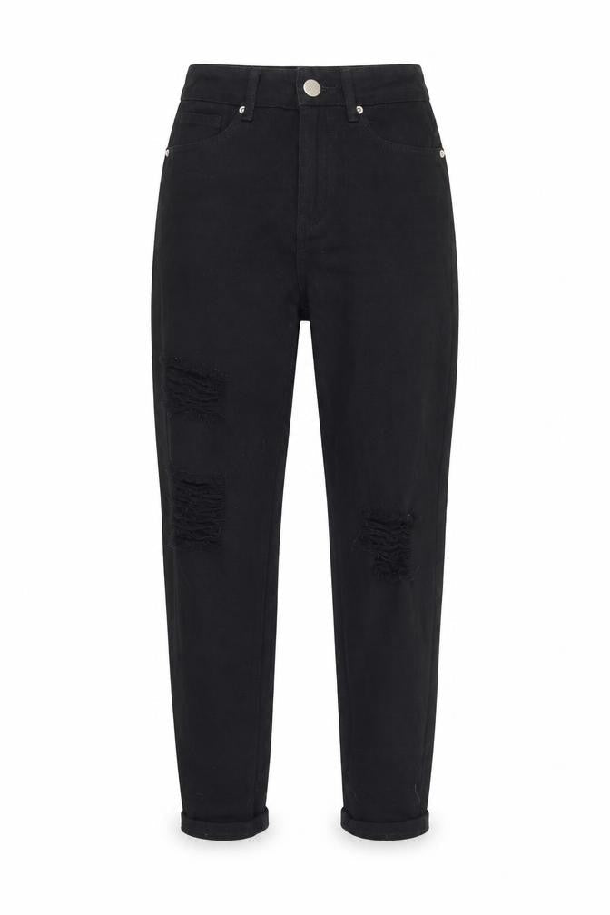 Front view of Boohoo women’s black cotton mom jeans, size UK 6, 28-inch leg regular button