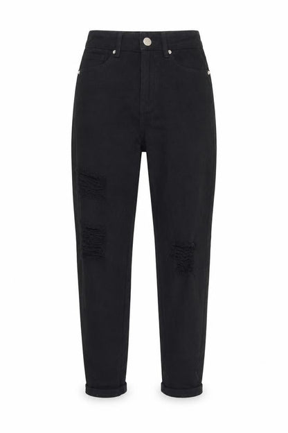 Front view of Boohoo women’s black cotton mom jeans, size UK 6, 28-inch leg regular button