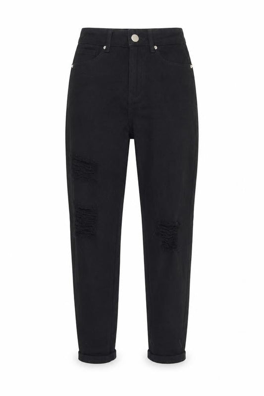 Front view of Boohoo women’s black cotton mom jeans, size UK 6, 28-inch leg regular button