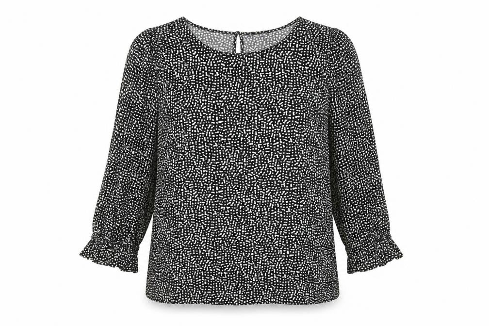 Front view of F&F women’s black animal print viscose basic blouse, size UK 12, boat neck