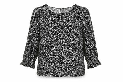 Front view of F&F women’s black animal print viscose basic blouse, size UK 12, boat neck