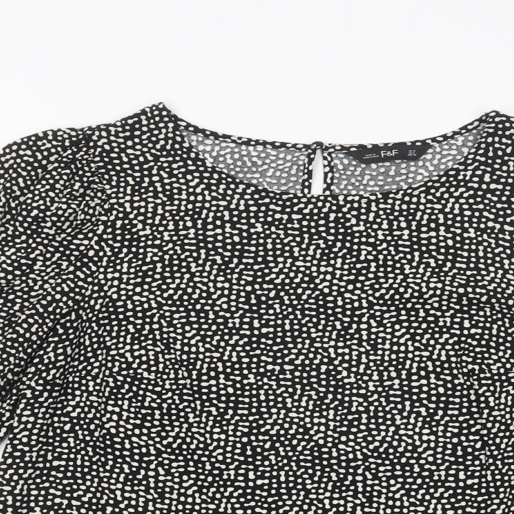 F&F Womens Black Animal Print Viscose Basic Blouse Size 12 Boat Neck