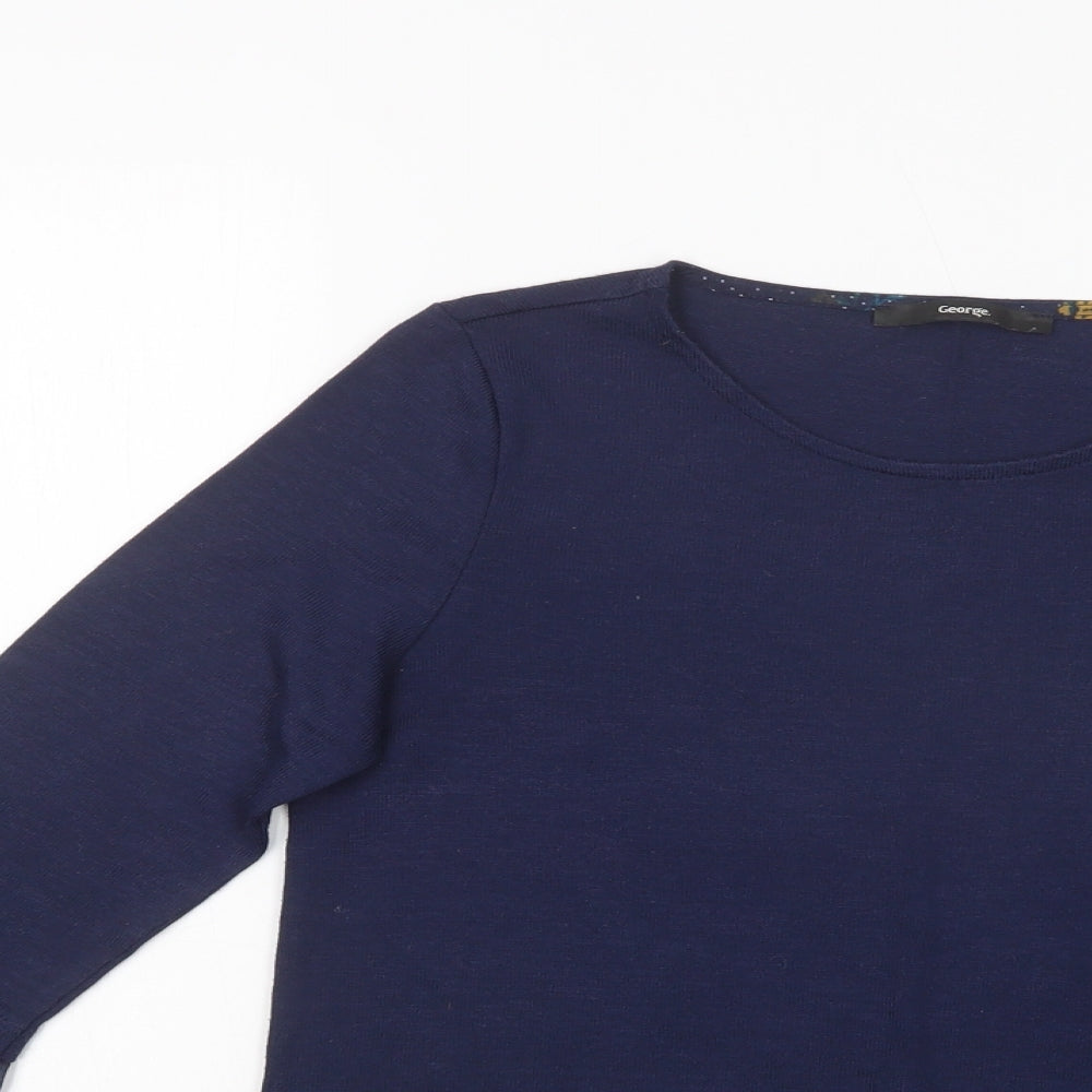 George Womens Blue Crew Neck Floral Polyester Pullover Jumper Size 8
