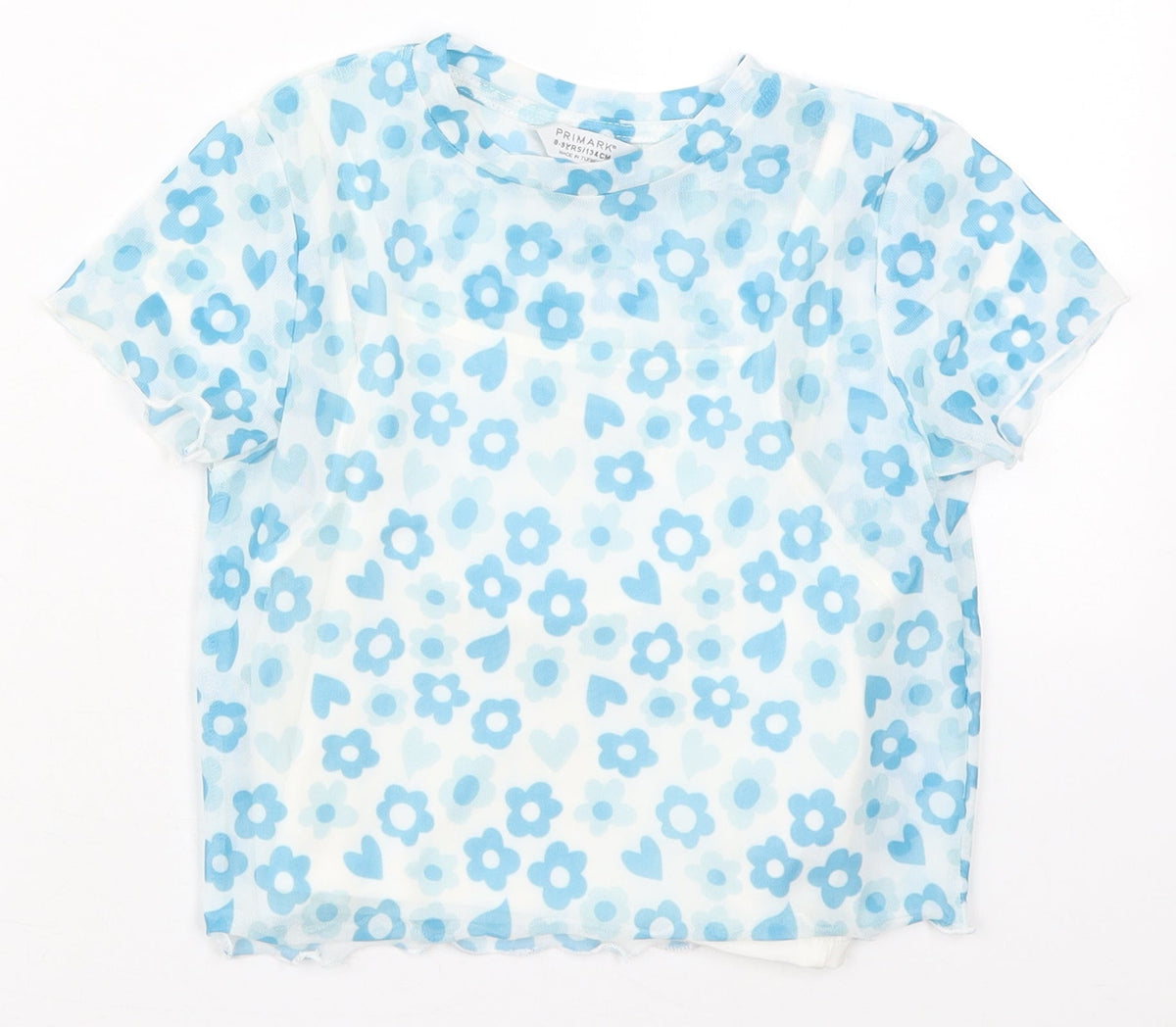 Front view of Primark girls’ blue floral polyester basic t-shirt, size 8-9, years crew neck pullover