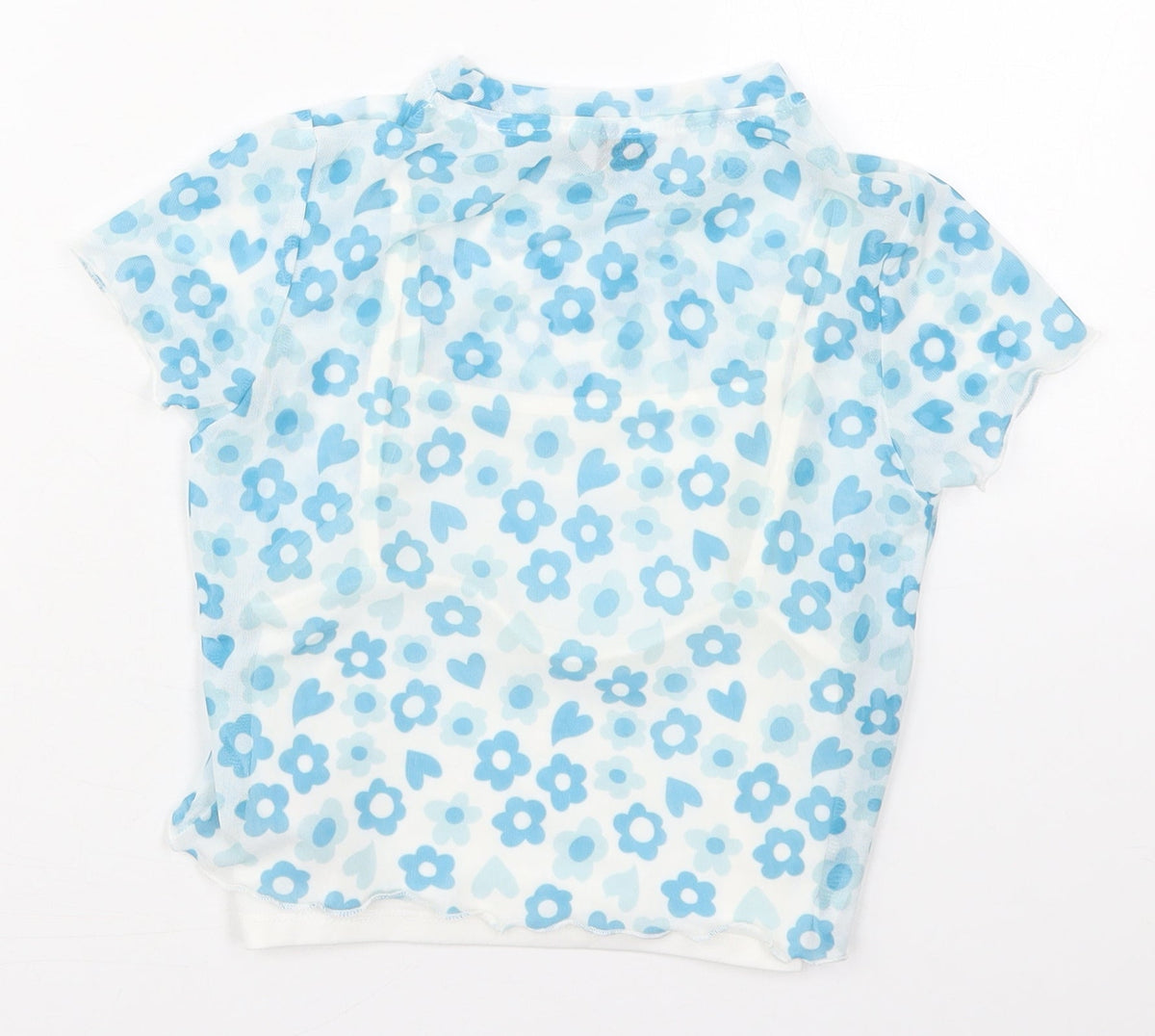 Back view of Primark girls’ blue floral polyester basic t-shirt, size 8-9, years crew neck pullover