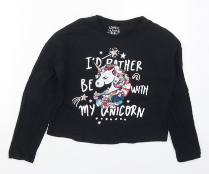 F&F Girls Black  Cotton Cropped T-Shirt Size 9-10 Years Crew Neck Pullover - I'd Rather Be With My Unicorn