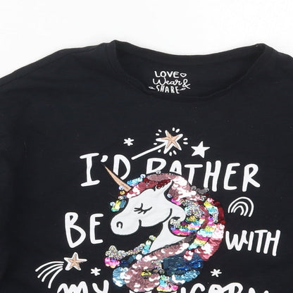F&F Girls Black  Cotton Cropped T-Shirt Size 9-10 Years Crew Neck Pullover - I'd Rather Be With My Unicorn