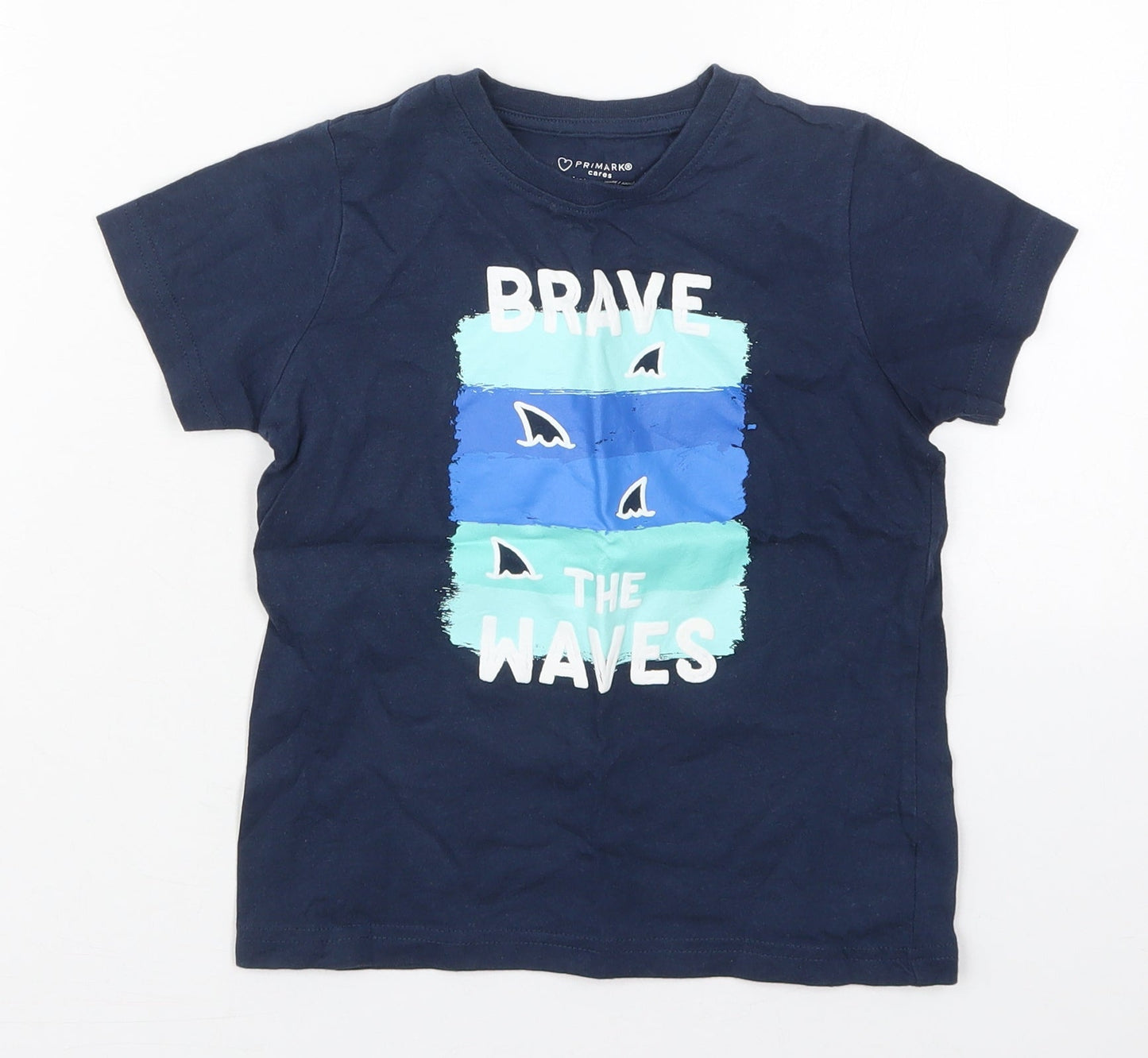 Primark Boys Blue  Cotton Basic T-Shirt Size 4-5 Years Crew Neck Pullover - Brave the Waves