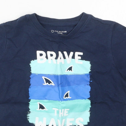 Primark Boys Blue  Cotton Basic T-Shirt Size 4-5 Years Crew Neck Pullover - Brave the Waves