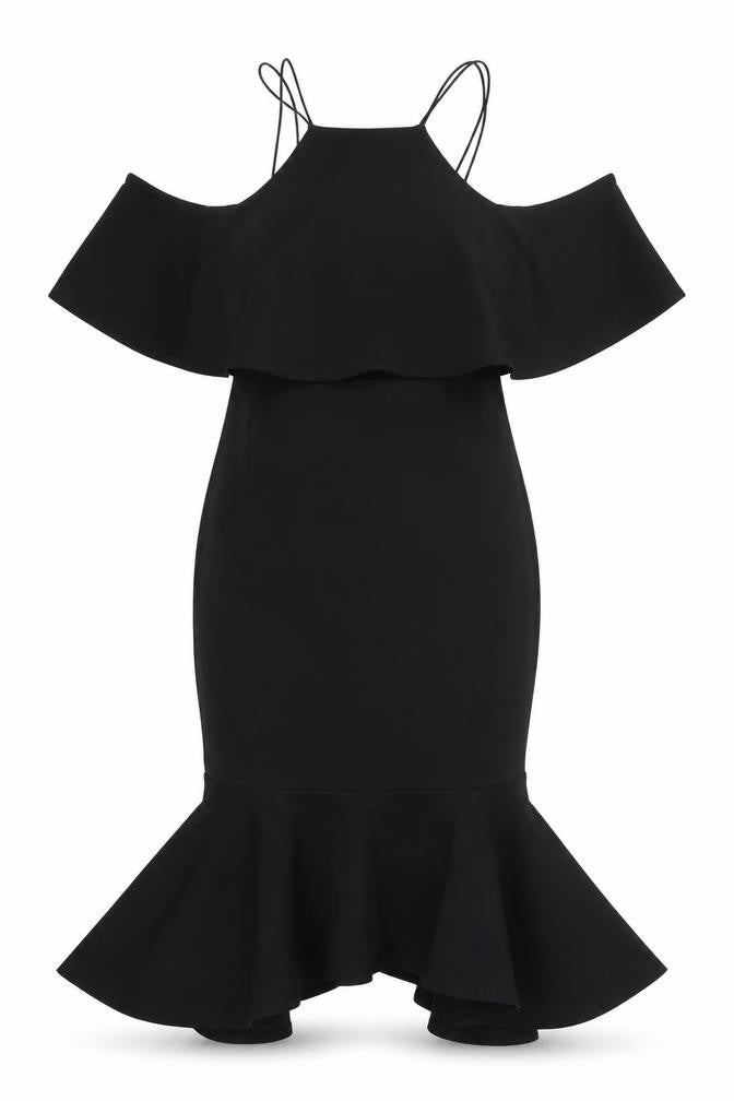 Front view of ASOS women’s black polyester fit & flare, size UK 8, halter pullover