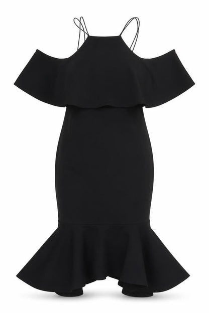 Front view of ASOS women’s black polyester fit & flare, size UK 8, halter pullover
