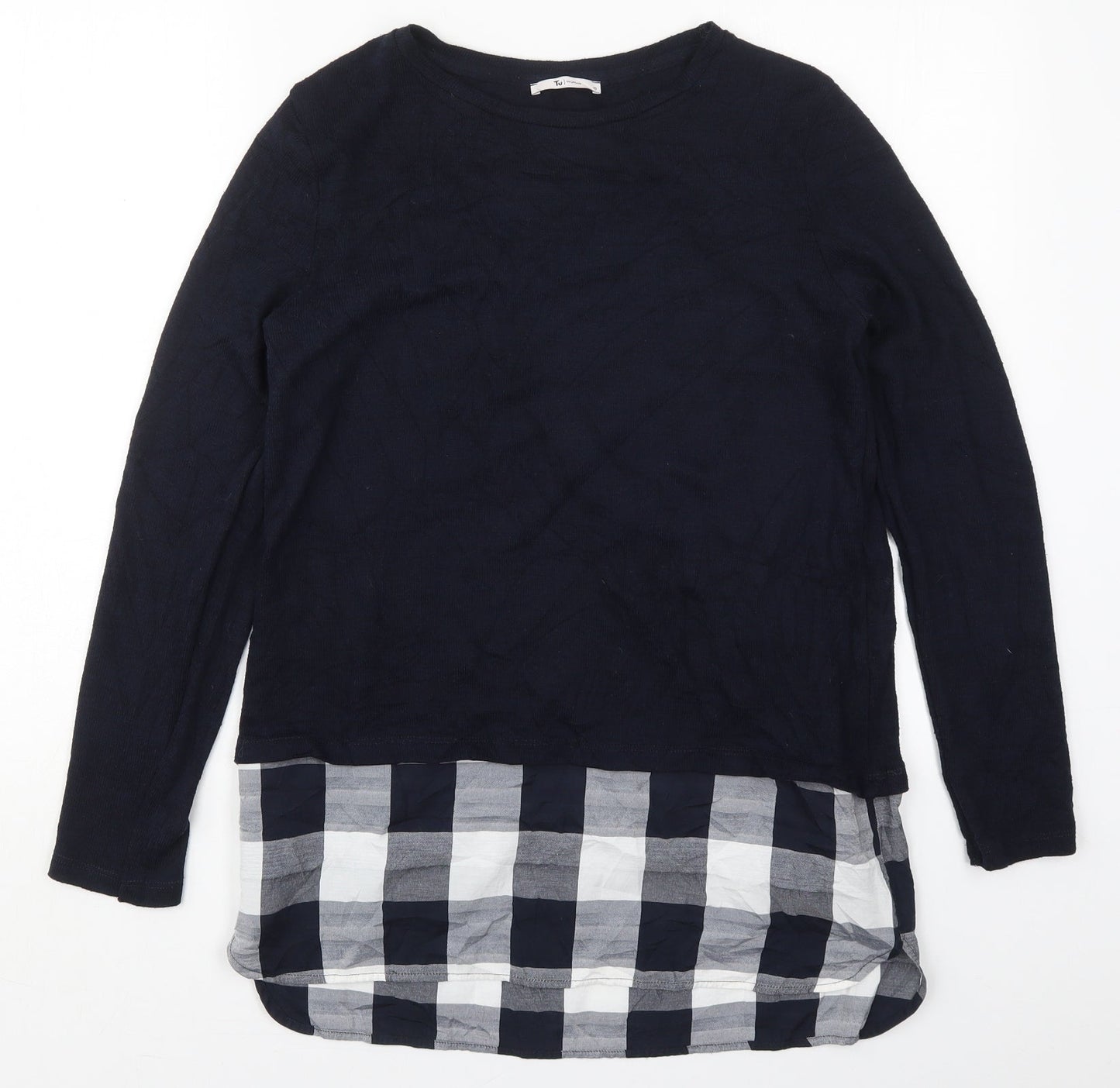 TU Womens Blue Round Neck Check Polyester Pullover Jumper Size 10