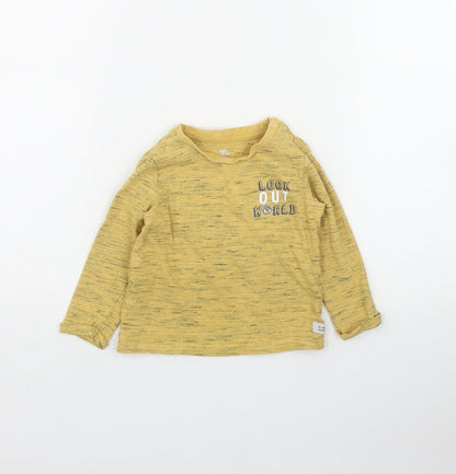F&F Boys Yellow  Cotton Basic T-Shirt Size 12-18 Months Round Neck Snap - 'Look out worls'