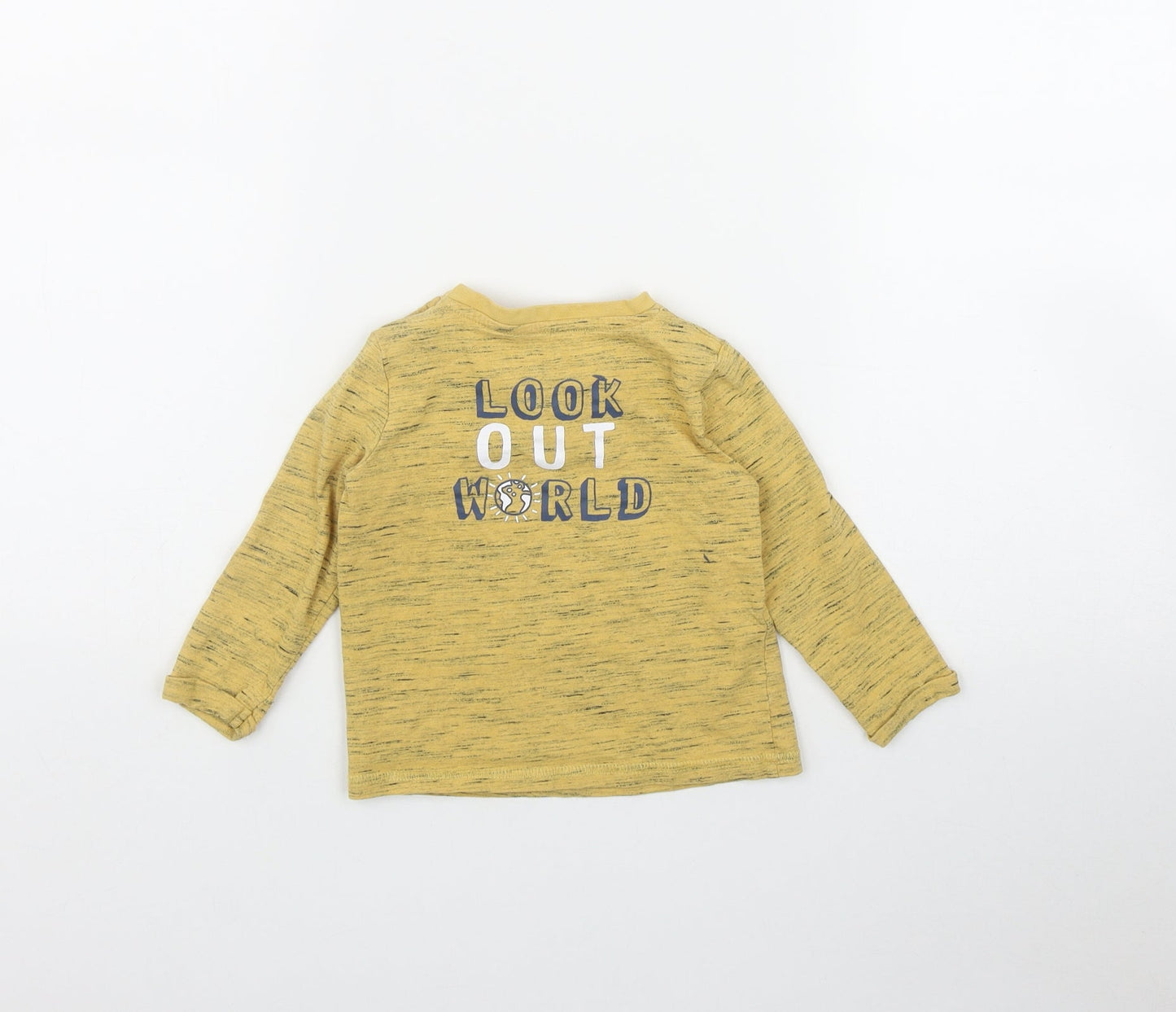 F&F Boys Yellow  Cotton Basic T-Shirt Size 12-18 Months Round Neck Snap - 'Look out worls'