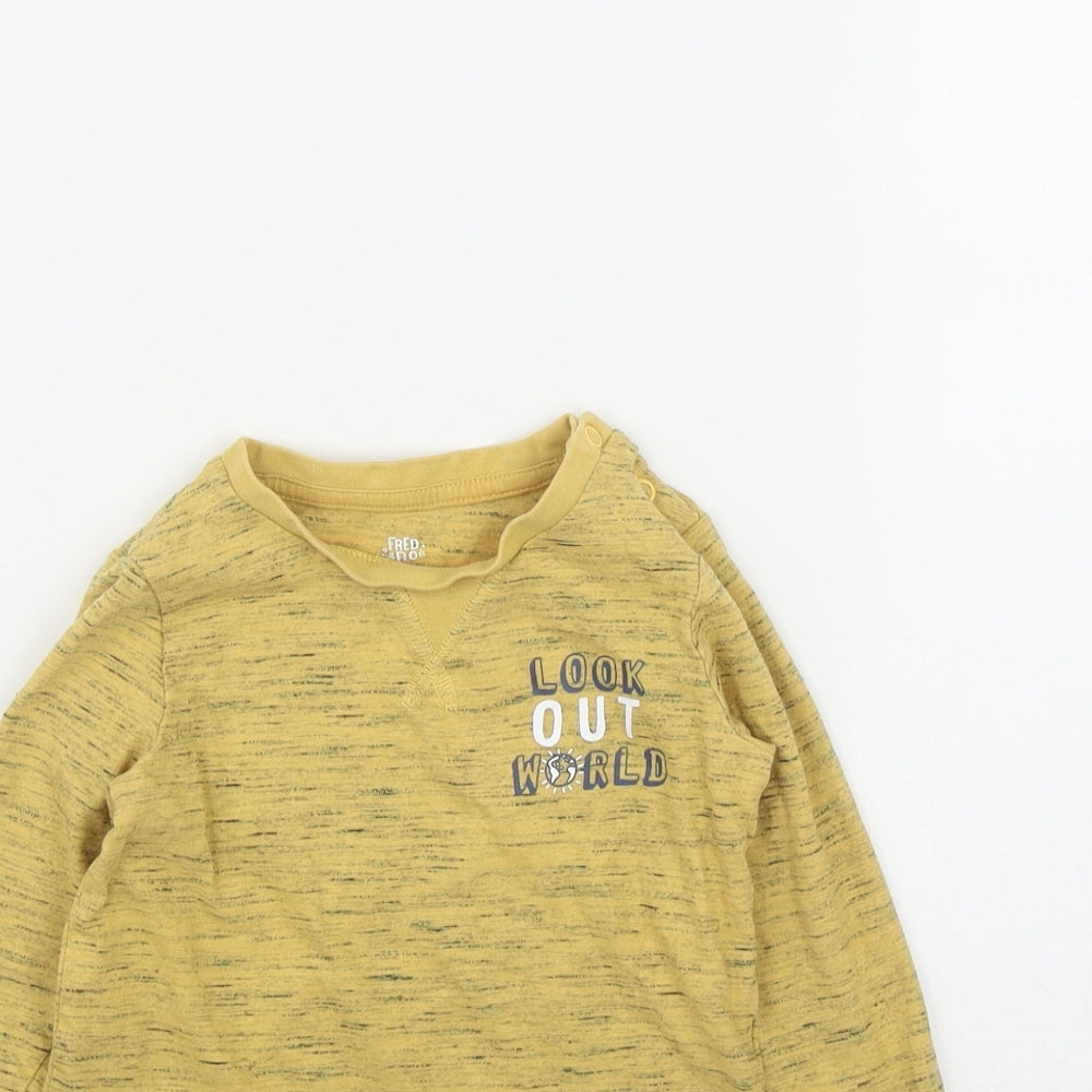 F&F Boys Yellow  Cotton Basic T-Shirt Size 12-18 Months Round Neck Snap - 'Look out worls'