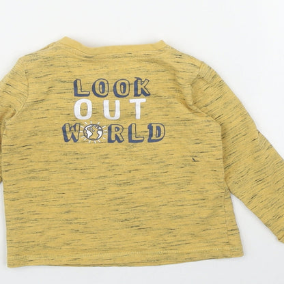 F&F Boys Yellow  Cotton Basic T-Shirt Size 12-18 Months Round Neck Snap - 'Look out worls'
