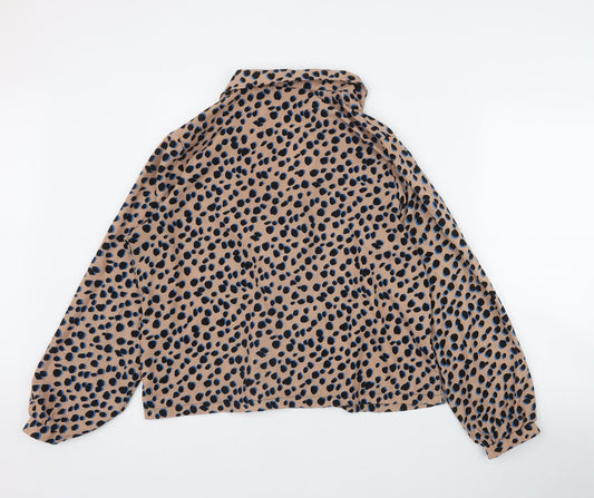 Boohoo Womens Brown Animal Print Polyester Basic Button-Up Size 14 Collared