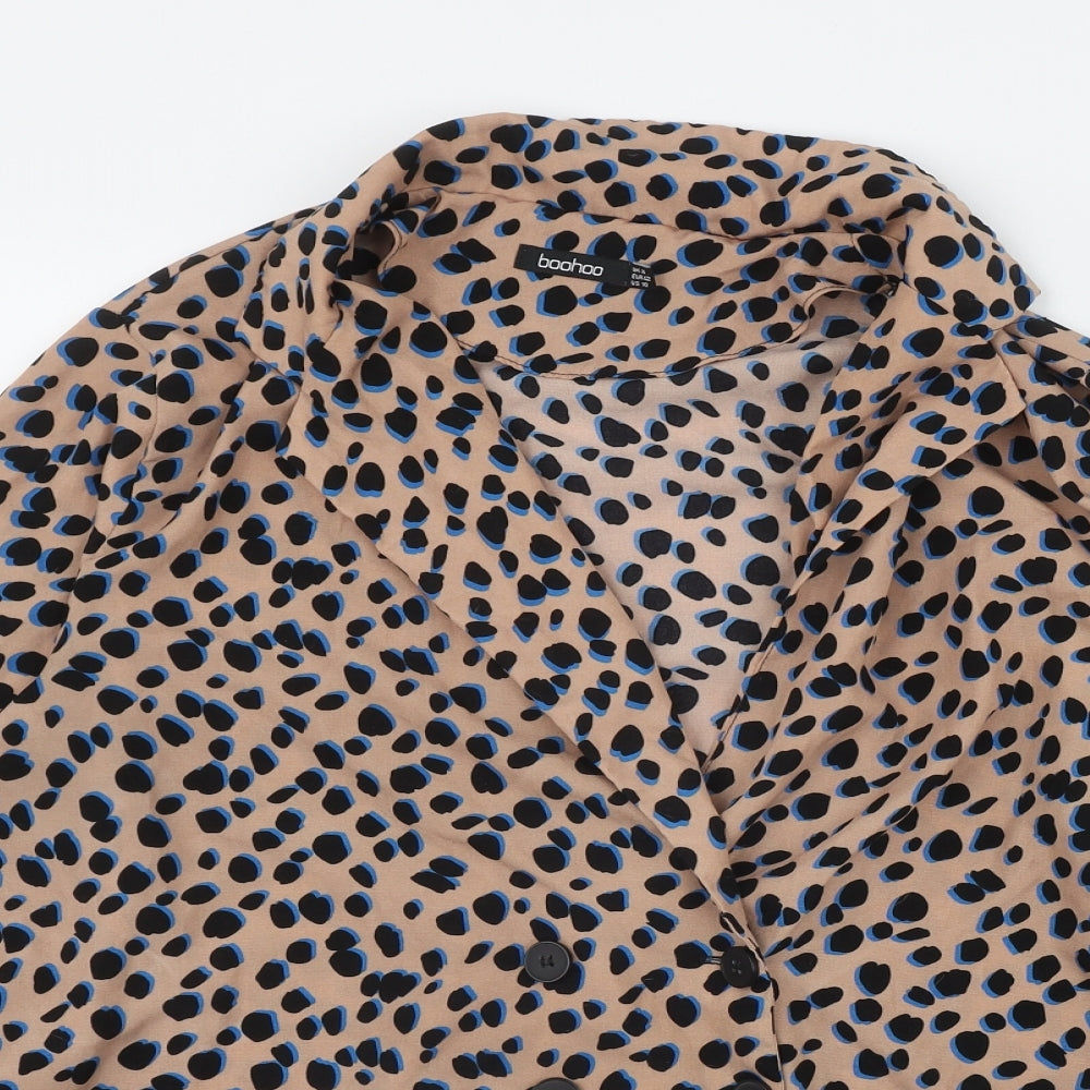 Boohoo Womens Brown Animal Print Polyester Basic Button-Up Size 14 Collared