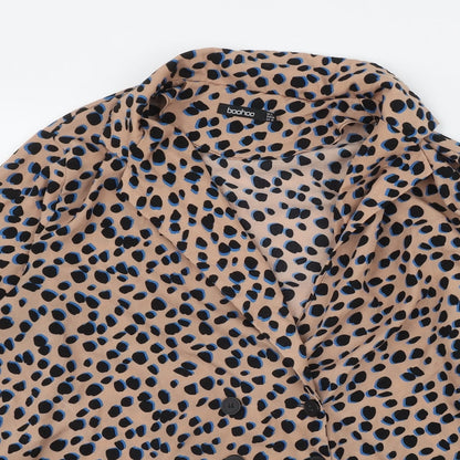 Boohoo Womens Brown Animal Print Polyester Basic Button-Up Size 14 Collared