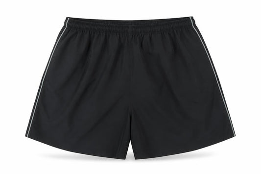 Front view of kea men’s black polyamide sweat shorts, size L, 6-inch leg regular tie