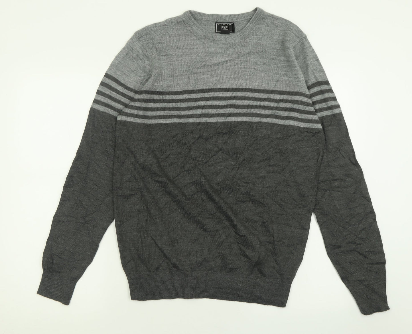 F&F Mens Grey Crew Neck Striped Acrylic Pullover Jumper Size S