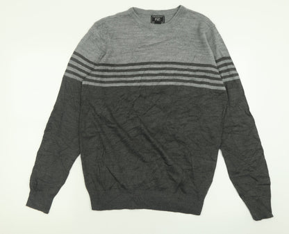 F&F Mens Grey Crew Neck Striped Acrylic Pullover Jumper Size S