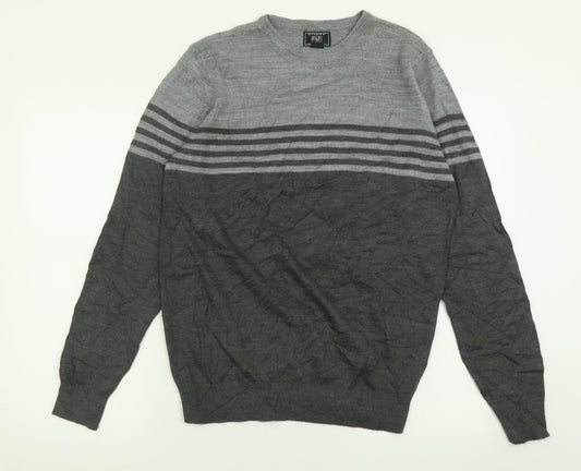 F&F Mens Grey Crew Neck Striped Acrylic Pullover Jumper Size S