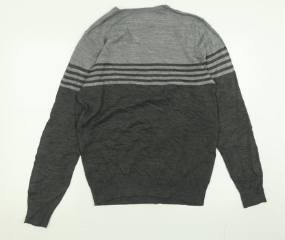 F&F Mens Grey Crew Neck Striped Acrylic Pullover Jumper Size S