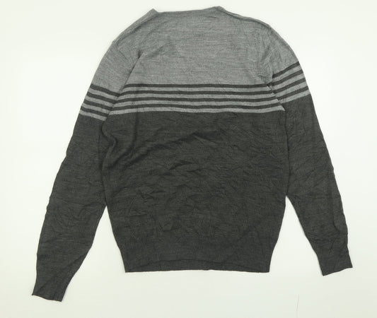F&F Mens Grey Crew Neck Striped Acrylic Pullover Jumper Size S