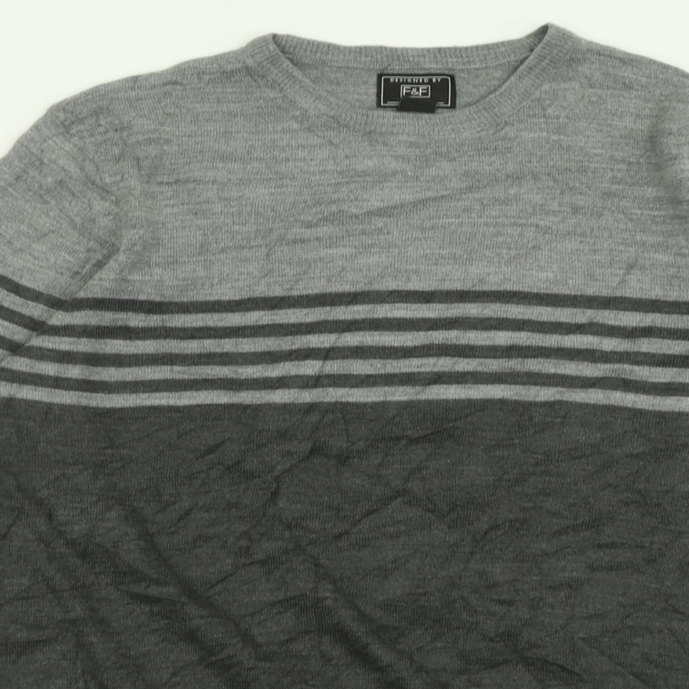 F&F Mens Grey Crew Neck Striped Acrylic Pullover Jumper Size S