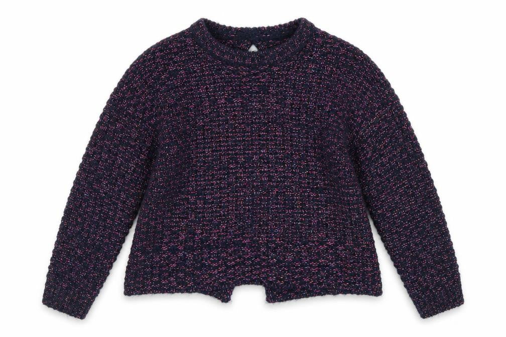 Front view of Dunnes girls’ blue round neck acrylic jumper, size 8, years