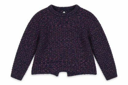 Front view of Dunnes girls’ blue round neck acrylic jumper, size 8, years