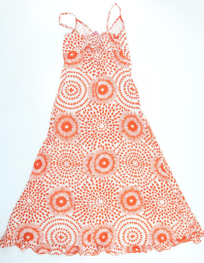 Satsu Womens Orange Geometric Cotton Trapeze & Swing  Size 8  Round Neck