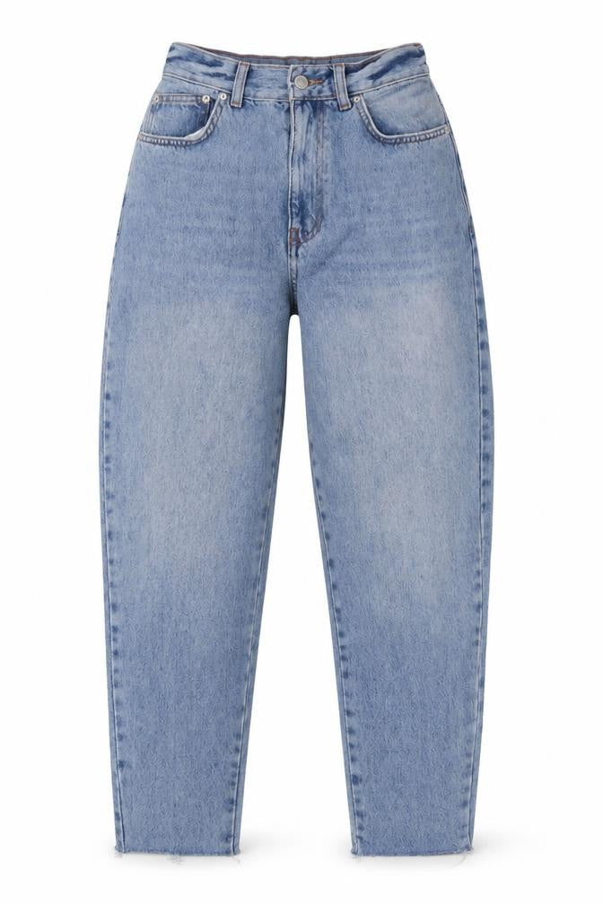 Front view of ASOS women’s blue polyester mom jeans, size UK 26, in, 32-inch leg slim zip