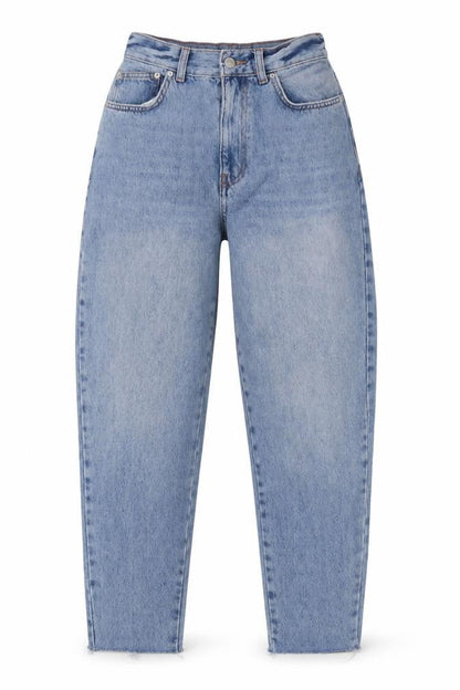 Front view of ASOS women’s blue polyester mom jeans, size UK 26, in, 32-inch leg slim zip